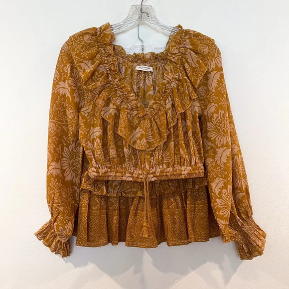Spell & the Gypsy Lioness Gold Floral Bohemian Cropped Long Sleeve & Skirt Set M - Picture 2 of 10